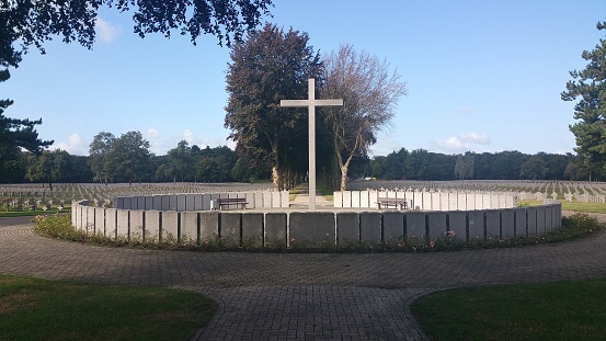 Ysselsteyn, The Netherlands - September 5, 2020: German War Cemetery (Kriegsgräberstätte) and memorial site in Ysselsteyn. The only German military cemetery in the whole Netherlands. Summer cloudy day