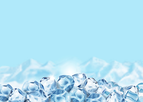 Ice cubes on blue background. Iced realistic frozen water and snowy mountans landscape poster f