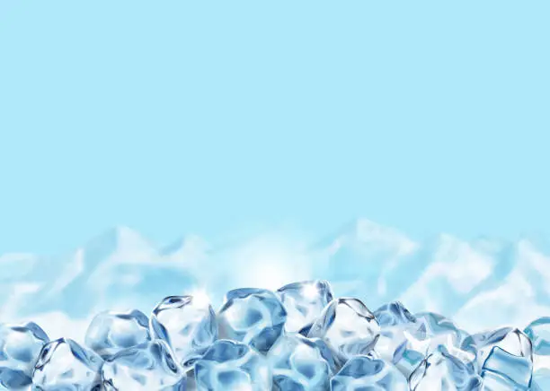 Vector illustration of Ice cubes on blue background. Iced realistic frozen water and snowy mountans landscape poster f