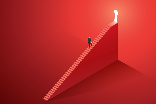 Businessman walking up stairs to keyhole door shining on big red wall, concept business opportunity and challenges in the future. isometric vector illustration.