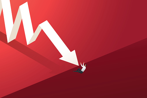 Down arrow graph pushing a businessman off a cliff. Concept of economic crisis and financial recession, bankruptcy, loss. isometric vector illustration.