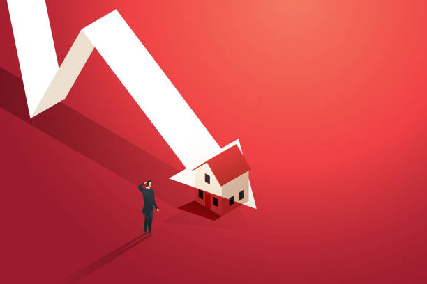 Estate Market Investment Risk Businessman looks at a graph of the real estate market where the arrowhead is falling. recession Home prices fall in real estate and property market crash. isometric illustration vector. home ownership stock illustrations