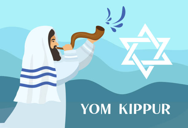 Rabbi with a tallit, Jew blowing a shofar on the horn of a ram on the day of Rosh Hashanah and Yom Kippur. Vector illustration Rabbi with a tallit, Jew blowing a shofar on the horn of a ram on the day of Rosh Hashanah and Yom Kippur. Vector illustration. yom kippur stock illustrations