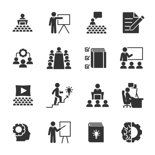 ilustraciones, imágenes clip art, dibujos animados e iconos de stock de conjunto vectorial de iconos de entrenamiento. - teacher