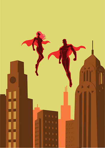 A retro style vector illustration of a couple of superhero floating in the air with city buildings in the background.