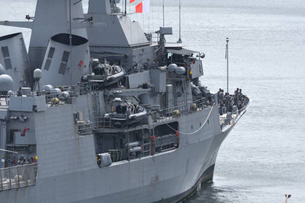 Royal Australian Navy HMAS Parramatta (FFH-154), Anzac-class frigate. Kanagawa, Japan - May 30, 2021:The Royal Australian Navy's HMAS Parramatta is preparing to berth at Yokosuka Port in Japan. australian navy stock pictures, royalty-free photos & images