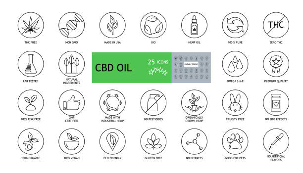 ilustrações de stock, clip art, desenhos animados e ícones de set of 25 round cbd oil icons. thc free, non gmo, made in usa, bio, 100 vegan, premium quality, lab tested, omega 3-6-9, pure natural, no pesticides, risk free, organic, no gluten, gmp, marijuana. - non gmo