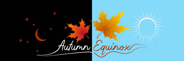 Autumn equinox September 22 Autumn equinox vector illustration. September 22. Concept design with maple leaves in darker and lighter color. Crescent with stars and sun. first day of spring stock illustrations