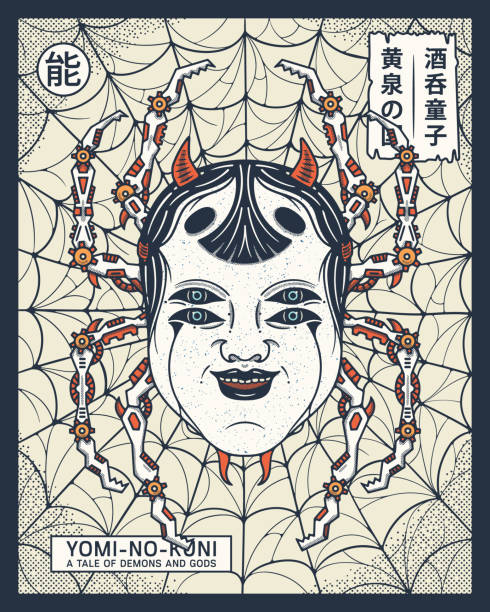 Japanese spider face mask Yomi no Kuni is a vector illustration but is also the Japanese word for the land of the dead. The Japanese Kanji on the right means Shuten-doji and Yomi. The kanji on the left means hell. devil costume stock illustrations