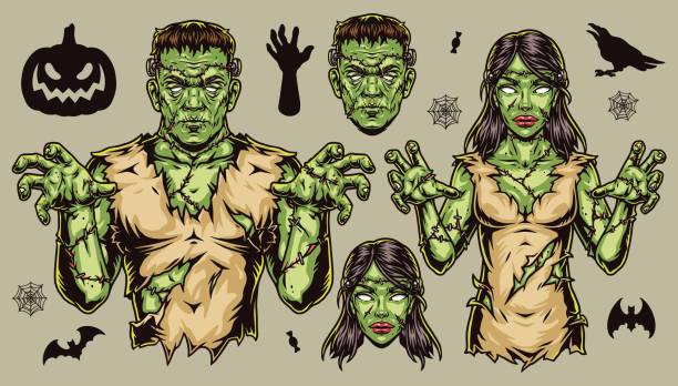 ilustrações, clipart, desenhos animados e ícones de vintage colorido elementos de halloween definidos - monster set pattern green