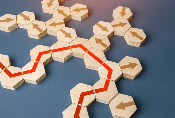 istock Red line is built from possible options of ways. Business development, promotion and progress. Strategic planning, risk management. Analytics and process optimization. Lower costs, higher efficiency. 1339649492