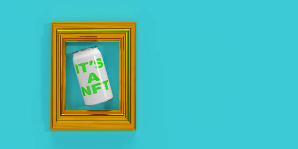 On turquoise surface golden framed IT'S A NFT text on a white tin