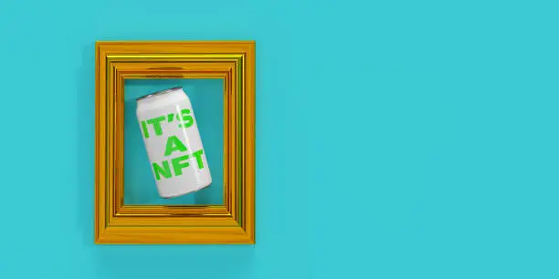 3D NFT Art concept: Non-fungible token in blockchain certifies a unique not interchangeable asset. Futuristic art framed on colorful background with copy space. Technology and financial stock market related topics. NFTs, represent items like photos, videos, audio, and other digital files.