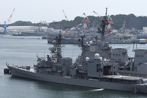 Yokosuka Port in Japan, where many Japanese and American warships are anchored.