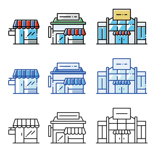 ilustraciones, imágenes clip art, dibujos animados e iconos de stock de tiendas minoristas en un conjunto de capacidad de varios tamaños de trazos y relleno - small town illustrations