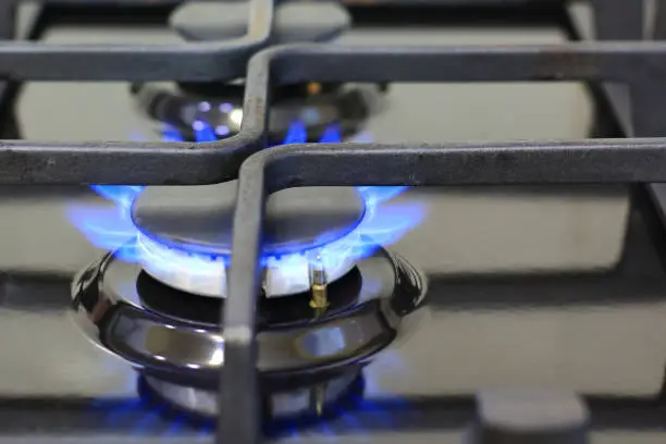 Photo of Gas cooker with burning flames of methane gas.