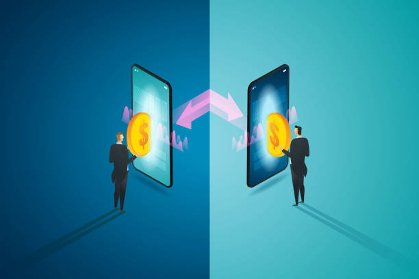 Transfer money digital via smart phone. Two businessman interacting transfer money digital via smart phone with peer-to-peer lending. isometric vector illustration. peer to peer stock illustrations