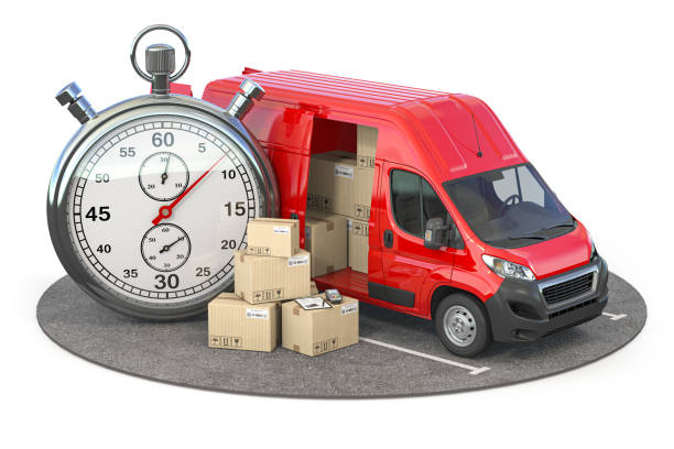 istock Fast express delivery and logistic concept. Van with cardboard boxes and stopwatch. 1339660853
