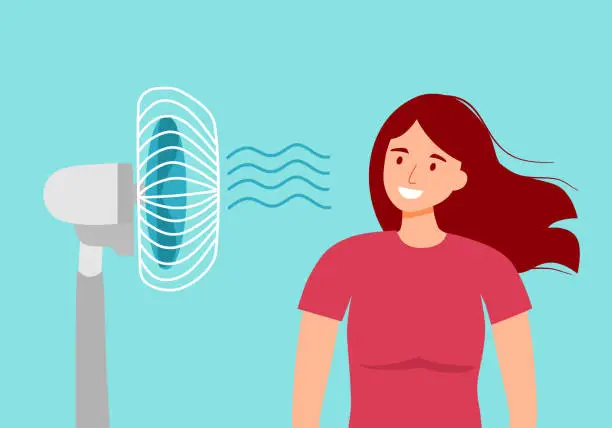 Vector illustration of Young woman with electric fan blowing in flat design. Female exhausted of hot summer day. Tired girl need wind blow.