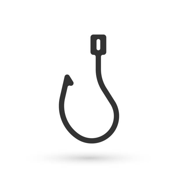 Grey Fishing hook icon isolated on white background. Fishing tackle. Vector Grey Fishing hook icon isolated on white background. Fishing tackle. Vector. barb feather part stock illustrations