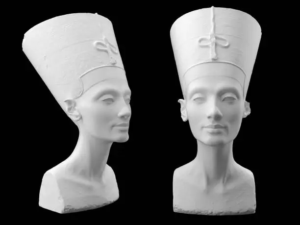 Statue of Nefertiti isolated on a black bakground. 3d image.