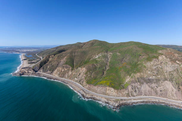 Pt Mugu and Pacific Coast Highway Aerial in Ventura County Aerial view of Point Mugu and Pacific Coast Highway in Ventura County, California. point mugu stock pictures, royalty-free photos & images