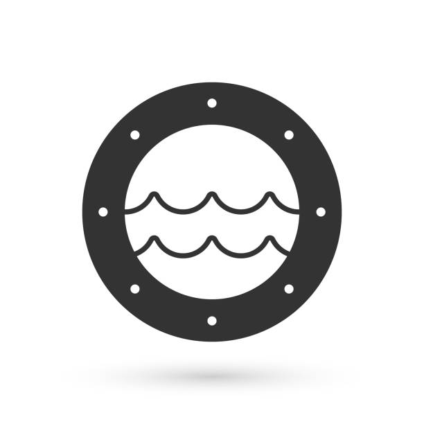 ilustraciones, imágenes clip art, dibujos animados e iconos de stock de ojo de buey grey ship con remaches y paisaje marino icono exterior aislado sobre fondo blanco. vector - porthole