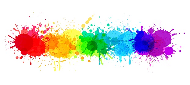 Paint splatter banner, rainbow watercolor paint stains. Colorful splattered spray paints, abstract color ink explosion vector background. Beautiful bright spot design, festive splashes