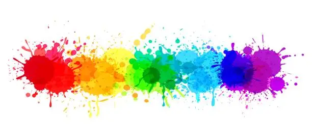 Vector illustration of Paint splatter banner, rainbow watercolor paint stains. Colorful splattered spray paints, abstract color ink explosion vector background