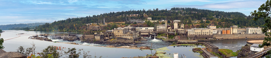 Panorama of historic Oregon City paper mill on the Willamette River.