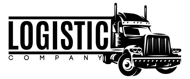 ilustrações de stock, clip art, desenhos animados e ícones de monochrome template with a truck for long-distance transportation of goods. the topic of large-scale delivery and logistics. design element for business cards, flyers, advertisements, webdesign - service rig