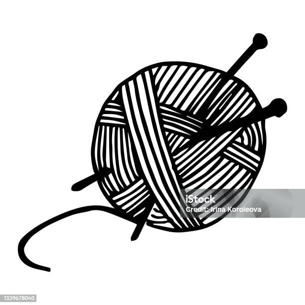 A Skein Of Yarn With Knitting Needles In Doodle Style Needlework