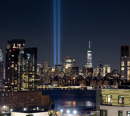 Tribute in light cityscape seen from Greenpoint Brooklyn.