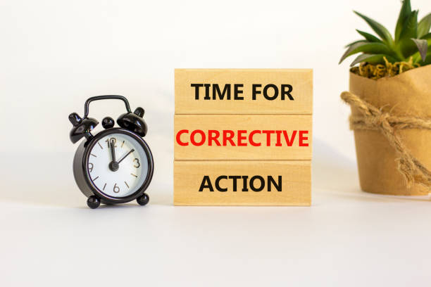 istock Time for corrective action symbol. Blocks with words time for corrective action. Black alarm clock, house plant. Beautiful white background. Copy space. Business, time for corrective action concept. 1339682240