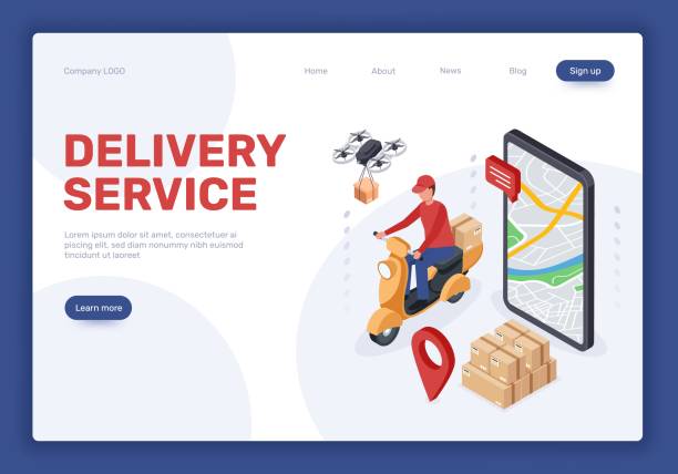 illustrazioni stock, clip art, cartoni animati e icone di tendenza di landing page del servizio di consegna isometrica, shopping online. drone consegna pacchi, corriere su scooter. banner web vettoriale del concetto di consegna di cibo - postal worker delivering mail post office