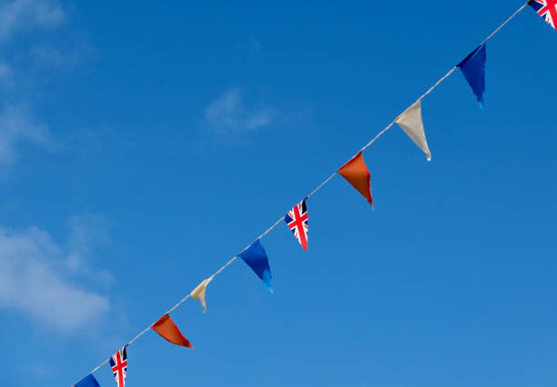 Red, white and blue Union Jack bunting against deep blue sky with copyspace