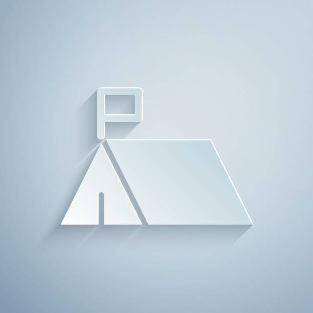 istock Paper cut Protest camp icon isolated on grey background. Protesting tent. Paper art style. Vector 1339686446
