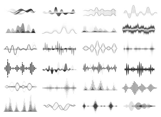 ilustraciones, imágenes clip art, dibujos animados e iconos de stock de ondas de sonido negras, ritmo de música, ecualizador de audio. ritmo abstracto de ondas de voz, forma de onda de radio, conjunto vectorial de visualización de ondas de sonido digitales - sound wave sound mixer frequency wave pattern