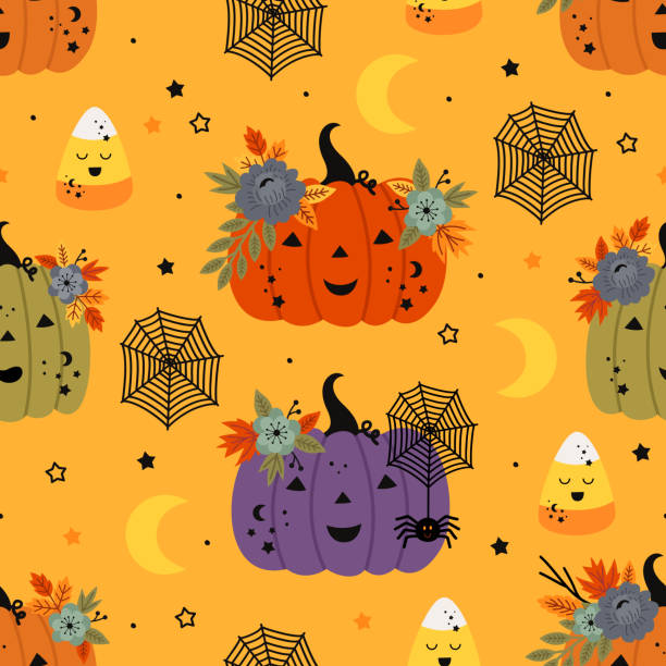 ilustrações, clipart, desenhos animados e ícones de padrão perfeito com abóboras, aranha e milho doce - spider web halloween corn pumpkin