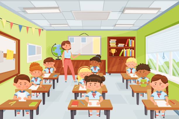 Ilustración de Maestra De Dibujos Animados Con Alumnos Niños De La Escuela  Sentados En Pupitres En El Aula Niños De Primaria Estudiando En Clase  Ilustración Vectorial y más Vectores Libres de Derechos