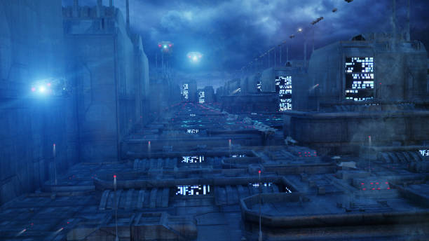 istock 3d rendering. Futuristic city and spaceships 1339692280