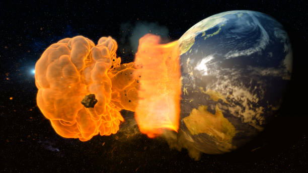 istock 3d rendering. Meteorite crashing against planet earth 1339692329