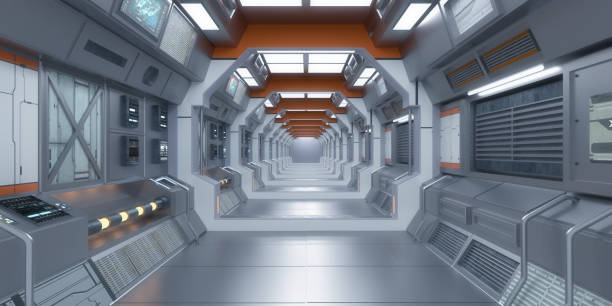istock 3d render. Futuristic spaceship corridor interior design 1339692839