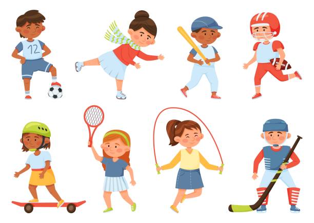 illustrations, cliparts, dessins animés et icônes de dessin animé des écoliers heureux qui font du sport et font de l’exercice. activités sportives pour enfants baseball, corde à sauter, tennis, skateboard, jeu vectoriel - baseballs ball sport gym