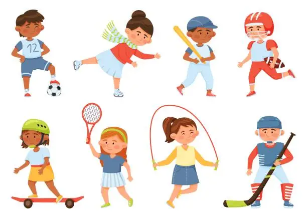 Vector illustration of Cartoon happy school children playing sports and exercising. Sport activities for kids baseball, skipping rope, tennis, skateboarding, vector set