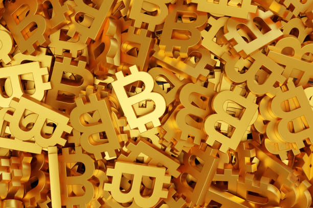 istock Golden bitcoin symbols background. 3d illustration. 1339693252