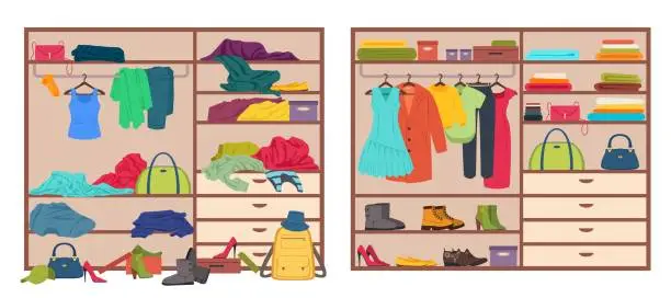 Vector illustration of Messy wardrobe, open closet before and after organizing clothes. Tidy or untidy wardrobe, clothing declutter and organization vector illustration