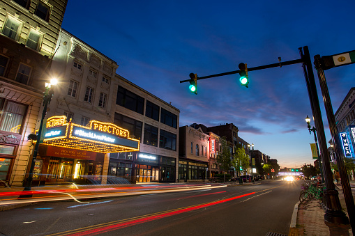Schenectady New York, USA — August 3, 2021: The marquee of Proctor's Theater, a local Schenectady landmark, lights up State Street.