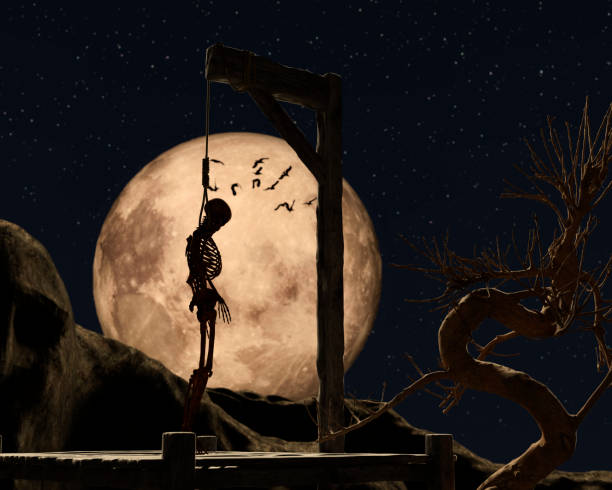 Gallow on a spooky night with a golden full moon and a hanged skeleton Gallow on a spooky night with a golden full moon and a hanged skeleton - 3d rendering silhouette of the hanging noose stock pictures, royalty-free photos & images