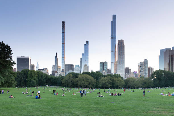 Central Park Skyline View of skyline from Great Lawn at Central Park in New York City. incidental people photos stock pictures, royalty-free photos & images